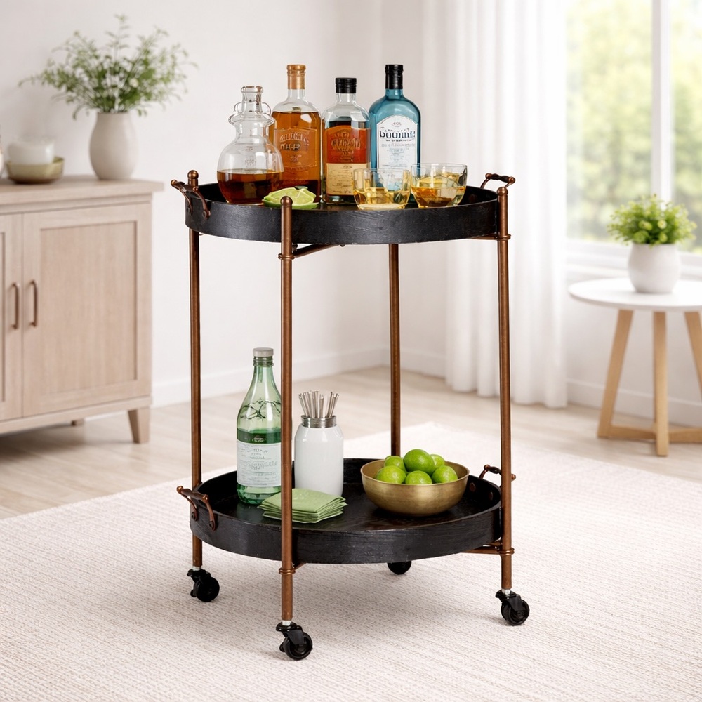 2 Tier Round Rolling Bar Cart Black & Aged Bronze Handles Butler Tray Casters